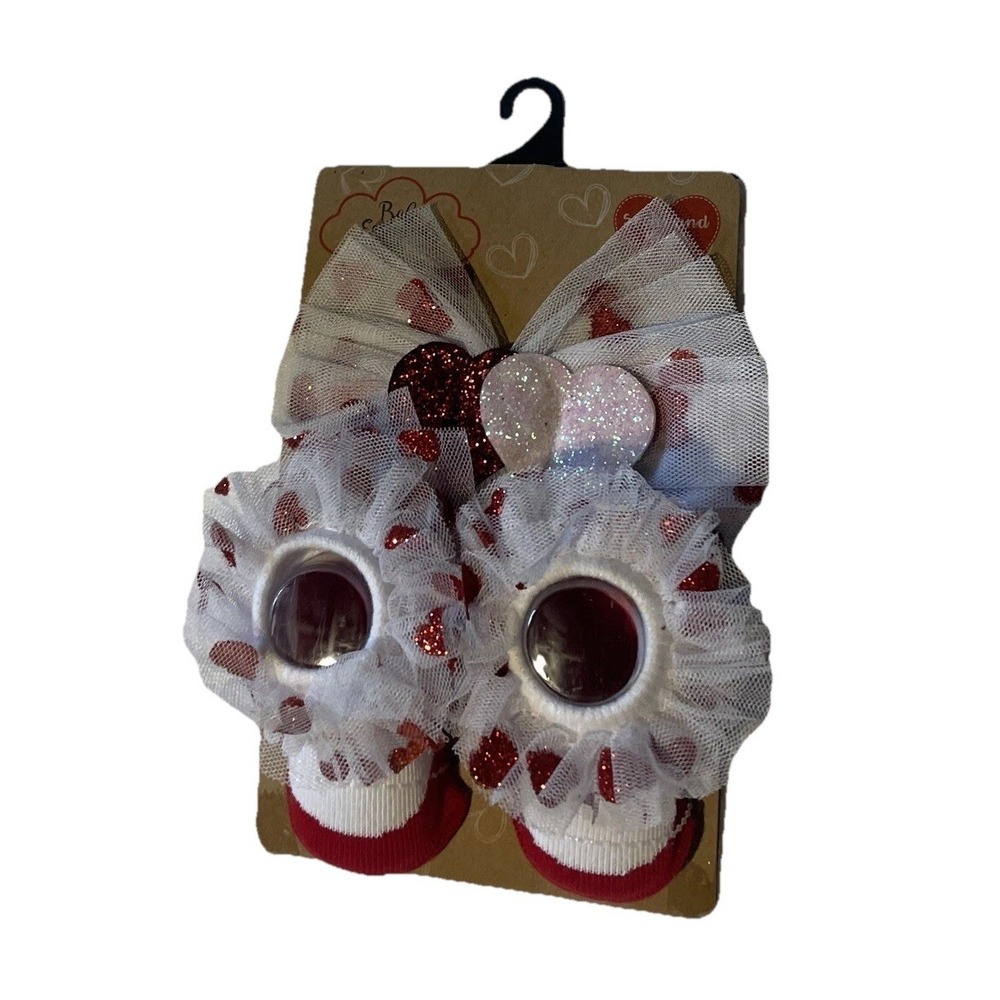 Baby Essentials Valentine's Socks and Headband Girl's Red Hearts 0-6 Months‎